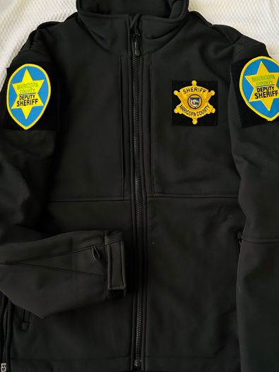 MARICOPA COUNTY SHERIFF'S OFFICE, MCSO SOFT SHELL JACKET WITH VELCRO PATCHES. LAW ENFORCEMENT RESTRICTED ITEM.